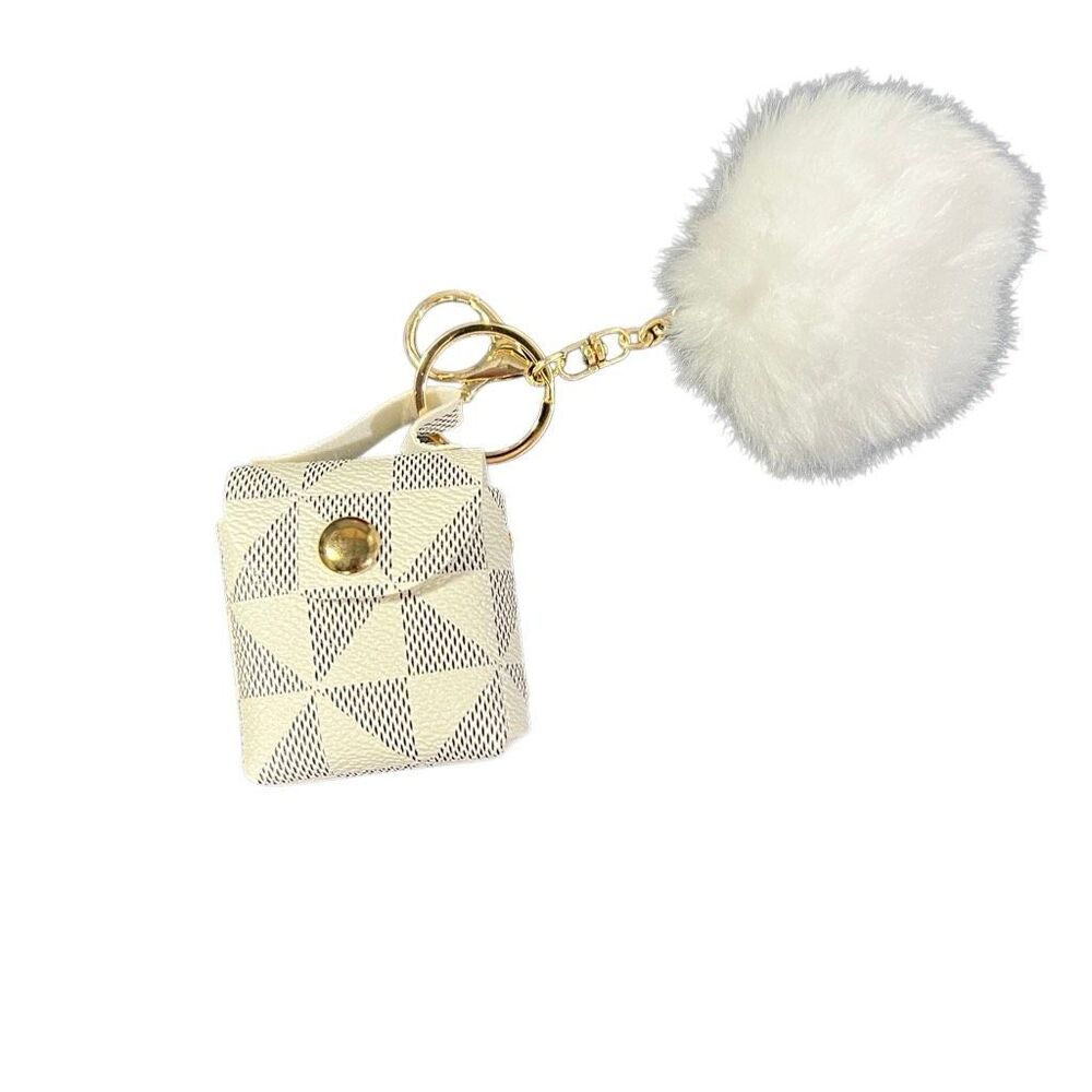 Clip on Keychain Pouch with white Pom Split check mini bag charm snap button gol